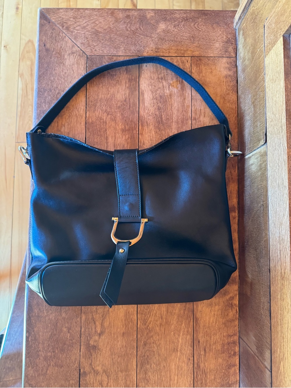 Black Leather Tote Shoulder Bag with Gold Hardware